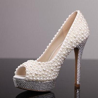 Pearl High Heel Shoes Rhinestone White Bridal..