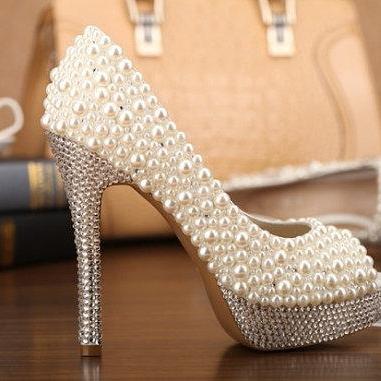 Pearl High Heel Shoes Rhinestone White Bridal..