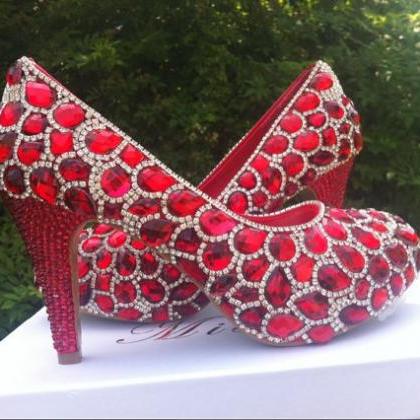 Glitter Red Crystal Gems Bridal Shoes, Wedding..