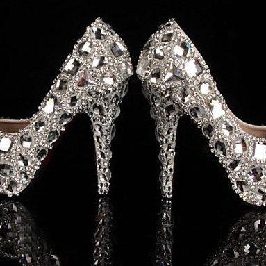 Bling Crystal High Heel Wedding Shoes Silver..