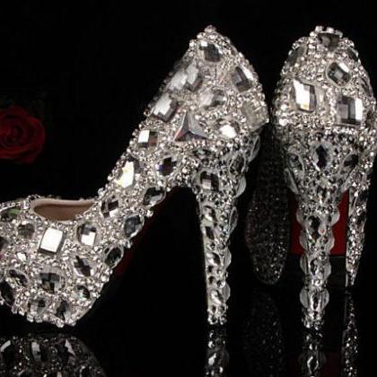 Bling Crystal High Heel Wedding Shoes Silver..