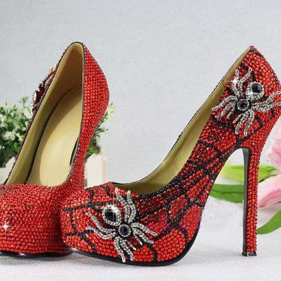 Handmade Glitter Red Crystal Bridal Shoes Bling..