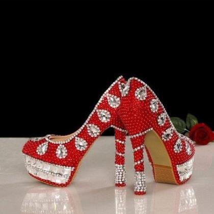 Red Crystal High Heels Bride Wedding Shoes Banquet..