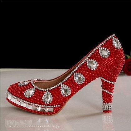 Red Crystal High Heels Bride Wedding Shoes Banquet..