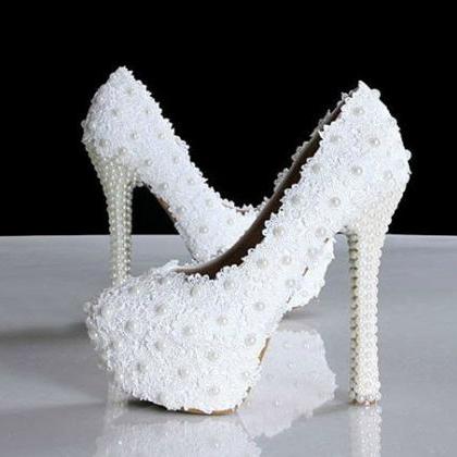 White Lace Wedding Dress Shoes High-heeled Bridal..