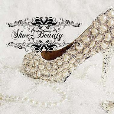 Unique Ivory Pearl Rhinestone Wedding Dress Shoes..