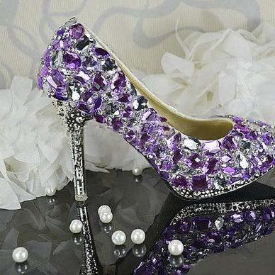 Women Purple Crystal Wedding Shoes Luxurious..