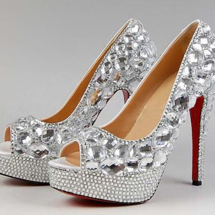 Peep Toe Crystal High Heel Wedding Shoes Silver..
