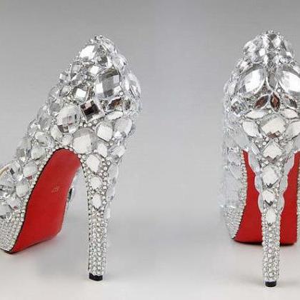 Peep Toe Crystal High Heel Wedding Shoes Silver..
