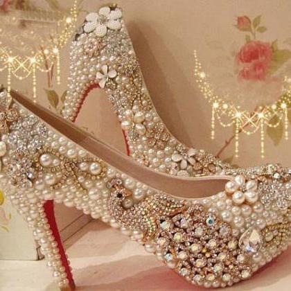 Fashion 2015 High Heel Wedding Shoes Pearl Peacock..