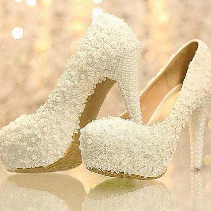 White Lace Wedding Dress Shoes High Heels Bridal..