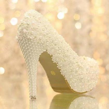 White Lace Wedding Dress Shoes High Heels Bridal..
