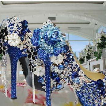 Blue Peacock Rhinestone Crystal Flowers Wedding..