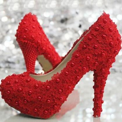 Fashion Red Lace Flower Wedding Bridal Shoes Pearl..