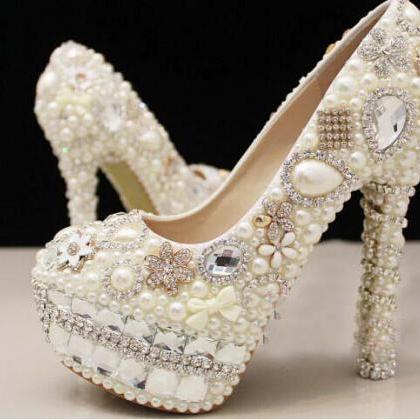 Unique Ivory Pearl Floral Dress Shoes Women Rhinestone Bridal Shoes ...