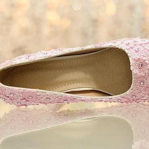 Fashion Pink Lace Flower Wedding Bridal Shoes..