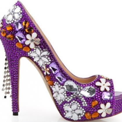 Purple Rhinestone Crystal Flowers Wedding Shoes..