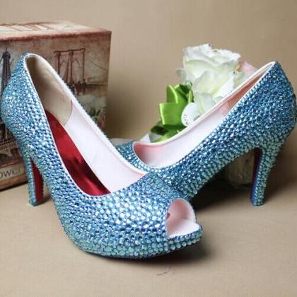 Blue Rhinestone Wedding Bridal Shoes Fashion..