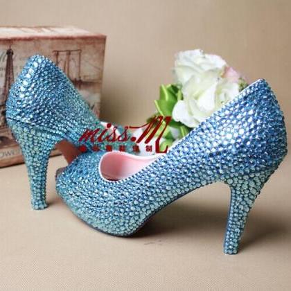Blue Rhinestone Wedding Bridal Shoes Fashion..
