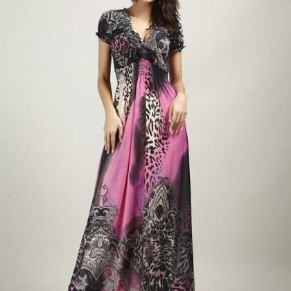 V-neck Summer Beach Dress Bohemian Dress Leopard..