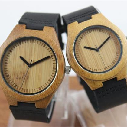 Bamboo Black Leather Quartz Watch Laser Scale Male..