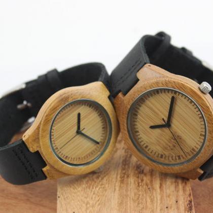 Bamboo Black Leather Quartz Watch Laser Scale Male..