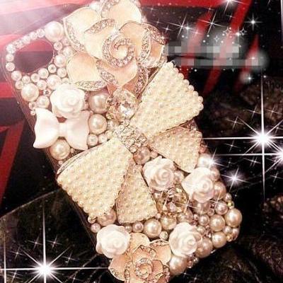 Luxury Bow Flower Pearl Hard Back Mobile phone Case Cover white Rhinestone Case Cover for iPhone 4 4s 5 5c 5s 6 6 plus Samsung galaxy s3 s4 s5 s6 note2 3 4