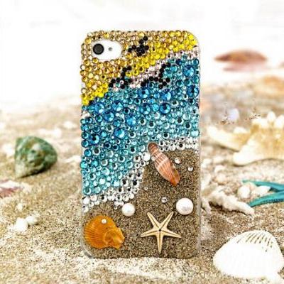 6s plus 6c Sparkly Colorful sea beach diamond Hard Back Mobile phone Case Cover bling handmade crystal Case Cover for iPhone 4 4s 5 7plus 5s 6 6 plus Samsung galaxy s7 s4 s5 s6 note8.0 4