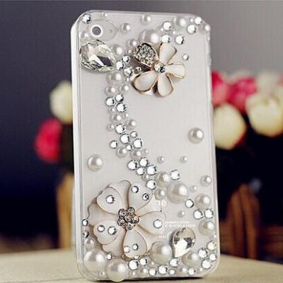White floral pearl rhinestone Hard Back Mobile phone Case Cover sparkly handmade Case Cover for iPhone 4 4s 5 5c 5s 6 6 plus Samsung galaxy s3 s4 s5 s6 note2 3 4