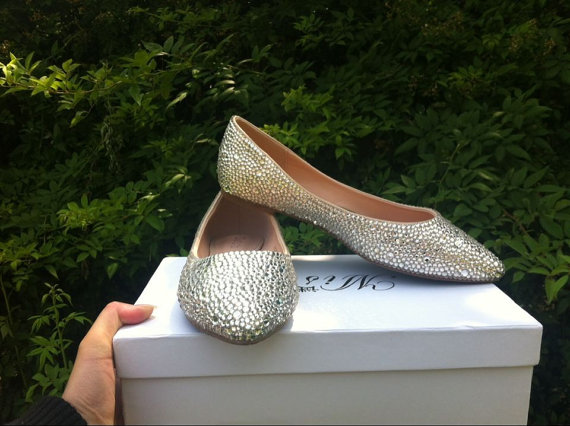 Pointed Toe Luxury Flats Wedding Shoes, Bridal, Bridal Shoes, Silver Rhinestone Fashion Ladies Party Shoes White