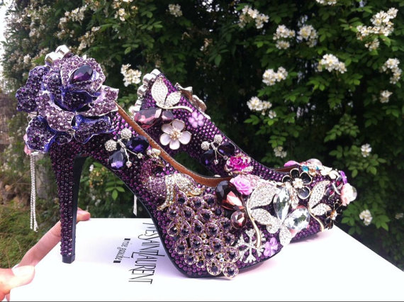 Purple Peacock Rhinestone Crystal Flowers Wedding Shoes, Bridal Shoes, Bridal