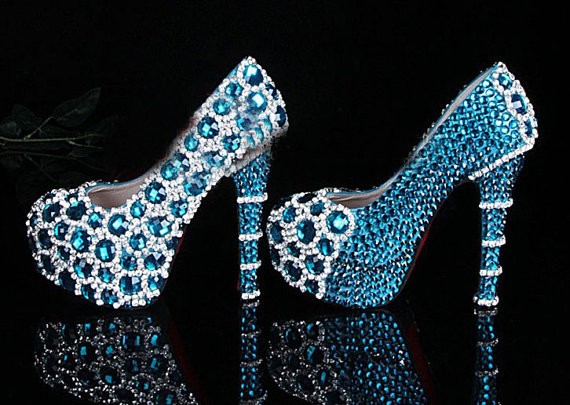 Unique Bling Blue Crystal Diamond Wedding Dress Shoes Handmade Rhinestone Party Prom Shoes Bridesmaid Shoes