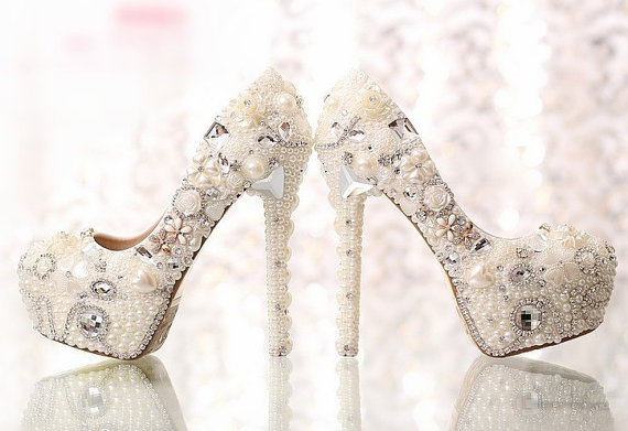 Luxuy Handmade Pearl Crystal Diamond Wedding Shoes White Bridal Dress Shoes Women Platform High Heels 3 Inches Glitter Pumps