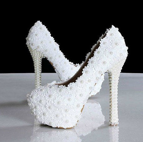 White Lace Wedding Dress Shoes High-heeled Bridal Shoes With Pearls 14cm Heel Party Prom Shoes Ladies Wedding Shoe