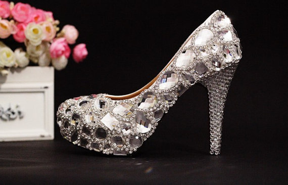 Luxury Bridal Shoes silver small crystals mix big crystals gems high heels wedding shoes Sparkling Formal Dress Shoes