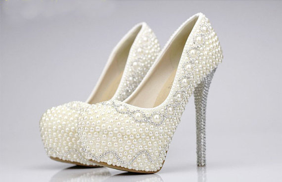 Pearl High Heels Party Prom Shoes Rhinestone White Crystal Bridal Wedding Shoes Lady Formal Dress Shoes Party Prom Shoes