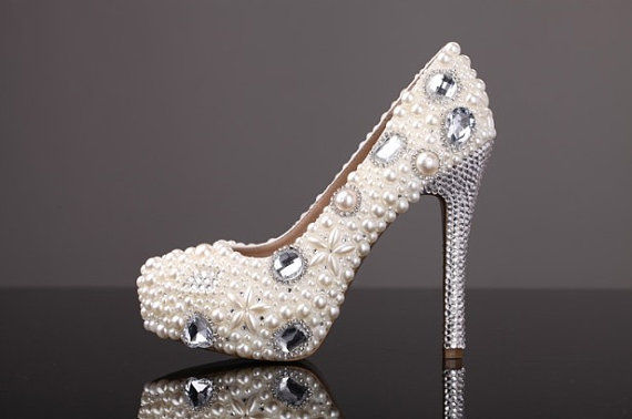 Luxurious Elegant Wedding Bridal Shoes Rhinestone With Imitation Pearl 12cm Super High Heel Wedding Dress Shoes Ecru White