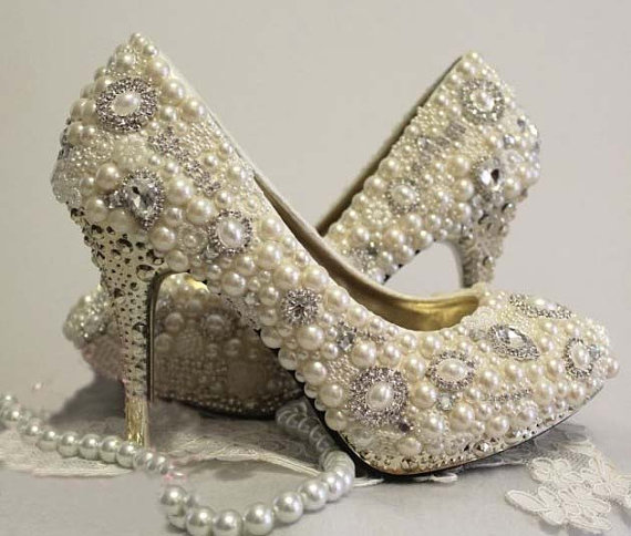 2015 New Style High Quality Luxurious White Imitation Pearl Wedding Shoes Crystal High Heel Shoes for Women Honeymoon