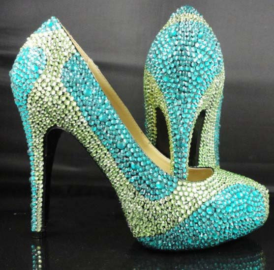 Handmade Crystal Rhinestone Bride Shoes Wedding Pumps Women Blue Green High Heels Women's Bridal Dress Shoes Prom Heels