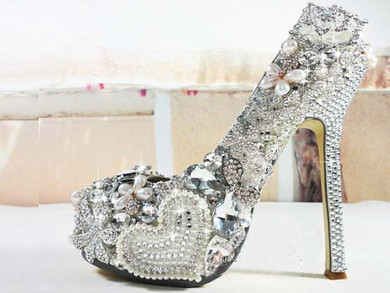 Elegant Wedding Bridal Shoes Heart Rhinestone With Imitation Pearl Floral High Heel Women Wedding Dress Shoes