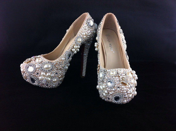 Red Bottom Ivory Pearl Wedding Shoes High Heels Rhinestone Bridal Shoes ...