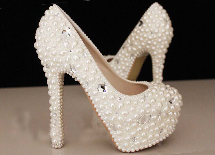 Custom Design Shoes Make Plus Size Pearl Floral And Crystals Bridal Wedding Pumps Shoes Lady Shoes Party Prom High Heels