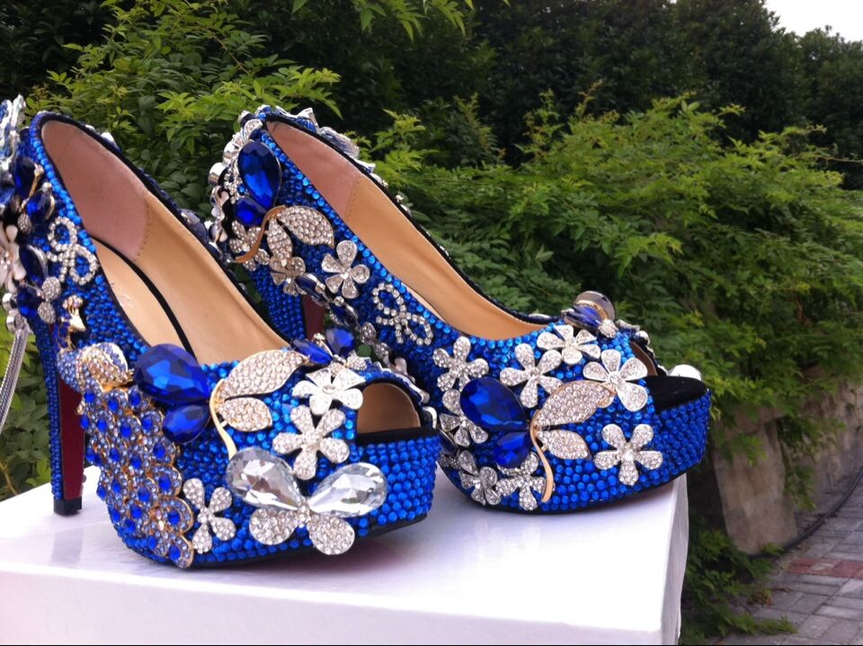 Luxury Peacock Blue Floral Diamond Bridal Weddding Shoes High Heels Rhinestone Platform Prom Pumps