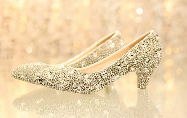 Comfortable Bling Low Heel Rhinestone Bridal Wedding Shoes Women Crystal Performance Shoes Diamond Lady Party Prom Shoes