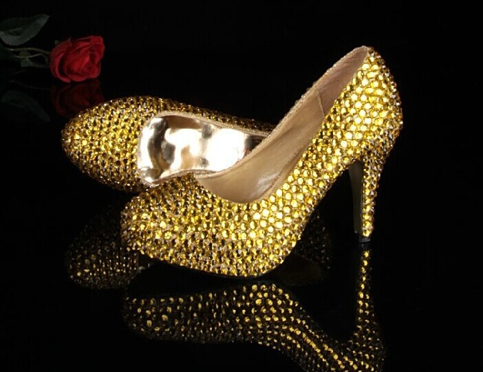 Yellow Rhinestone Wedding Bridal Shoes Fashion Ladies Dress Shoes Party Prom Crystal 9.5cm High Pumps Bridesmaid Shoes