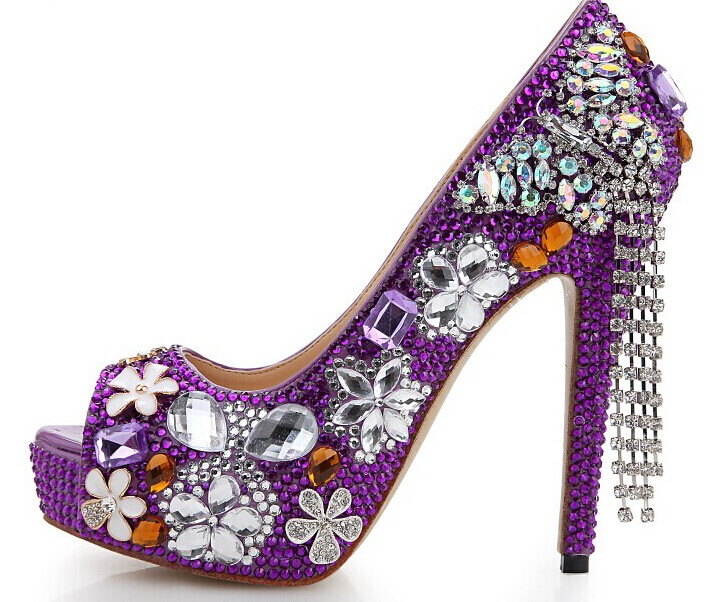 Purple Rhinestone Crystal Flowers Wedding Shoes Lady Party Dress Shoes Wedding Dress Shoes Butterfly Women Shoes