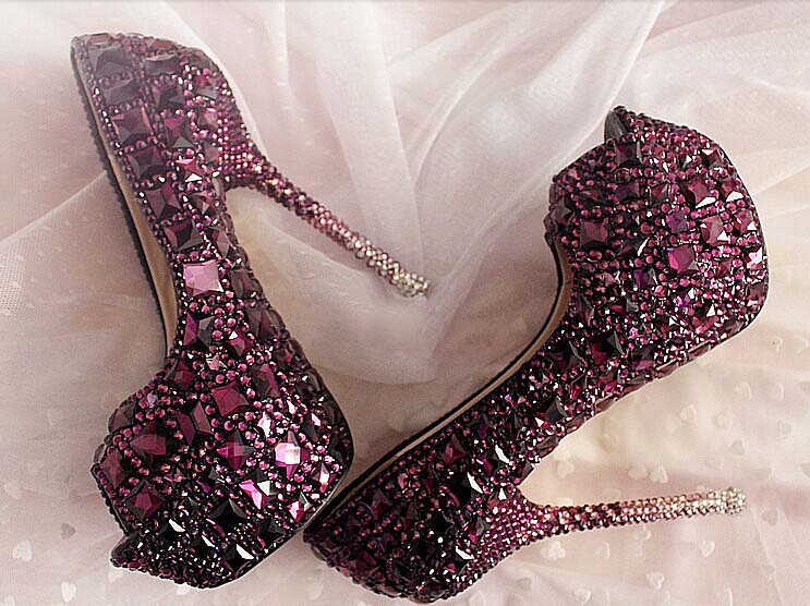 Purple Rhinestone Crystal Wedding Shoes Women Party Dress Shoes Peep ...