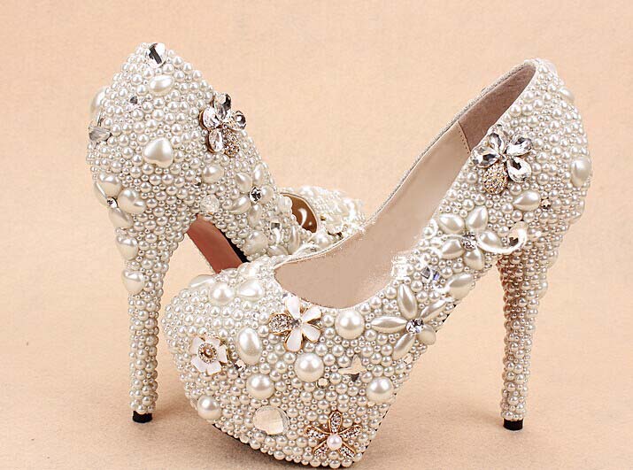2015 customized Wedding Shoes High Heels pearl flower Bridal Shoes Platform Pumps closed toes bridesmaid high heels