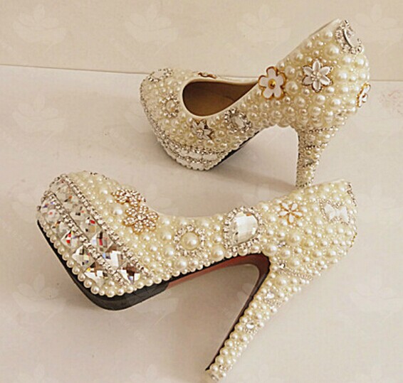 Unique Pearl floral Dress Shoes Women Rhinestone Bridal Shoes Wedding High Heels Shoes Party Prom Shoes