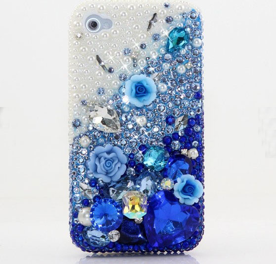 6s Plus 6c Floral Blue Pearl Diamond Hard Back Mobile Phone Case Cover Bling Girly Rhinestone Case Cover For Iphone 4 4s 5 7plus 5s 6 6 Plus